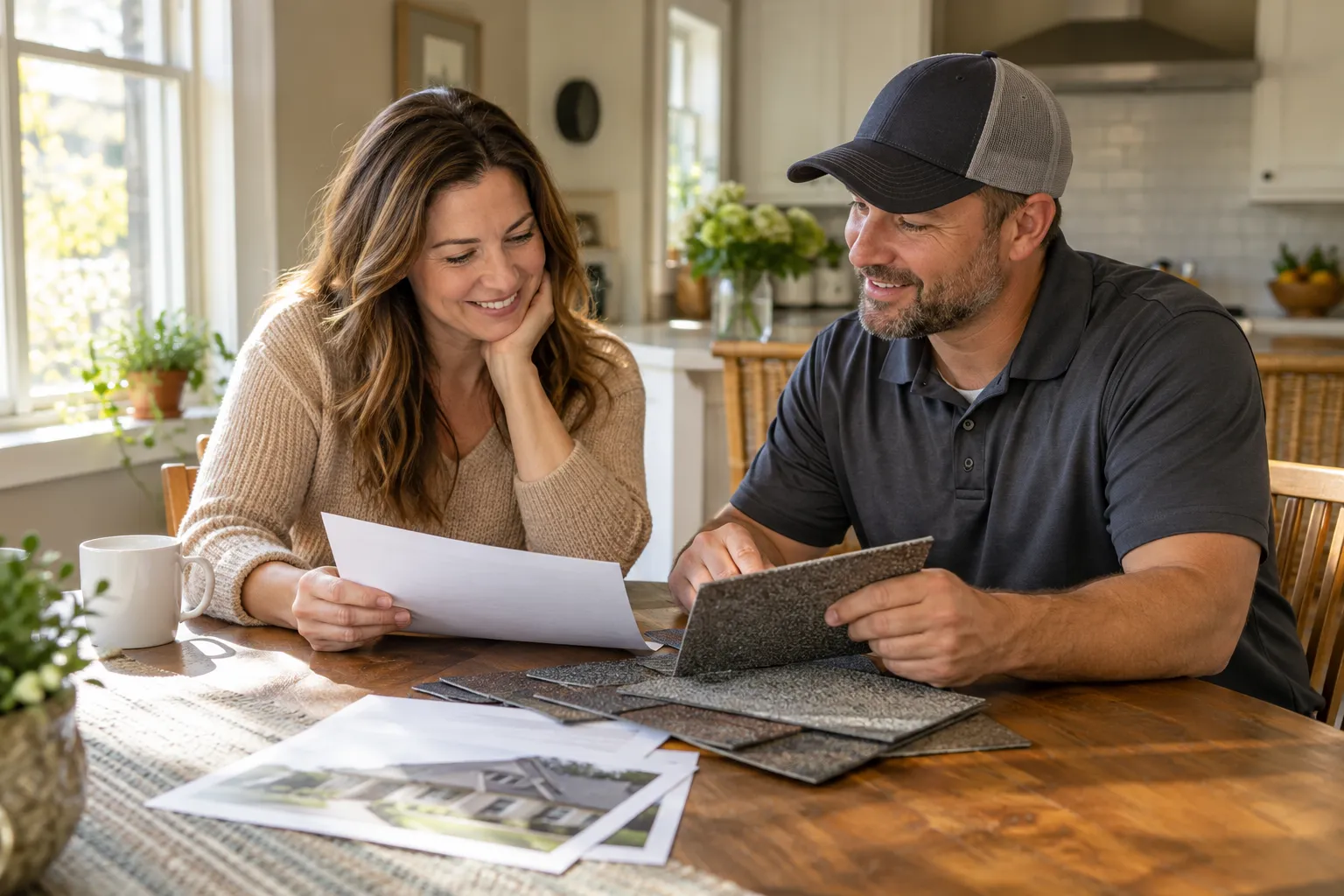 A homeowner reviewing a written roof quote at the kitchen table in Phoenixville