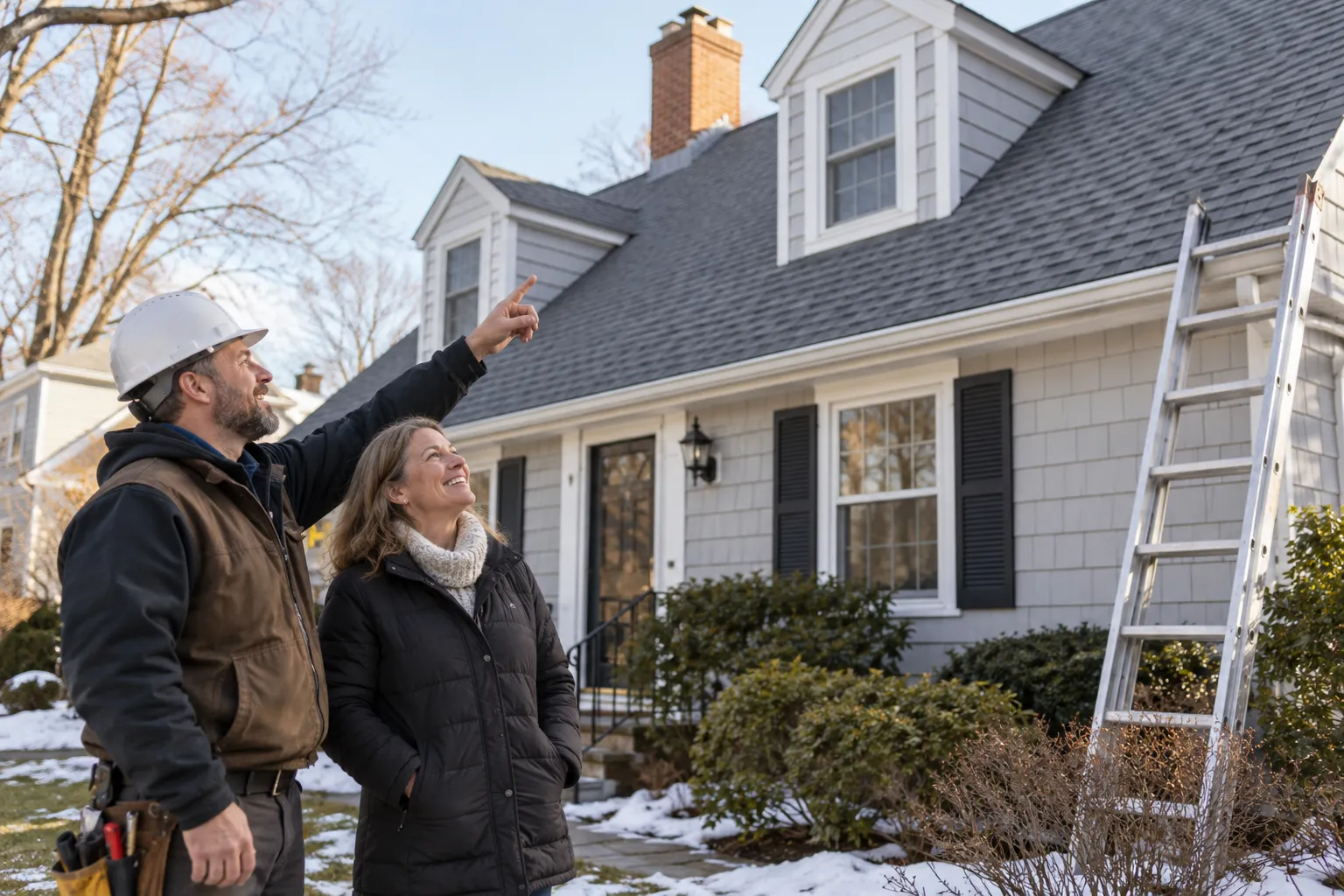 A roofing provider and a homeowner reviewing a new shingle roof on a house in Phoenixville