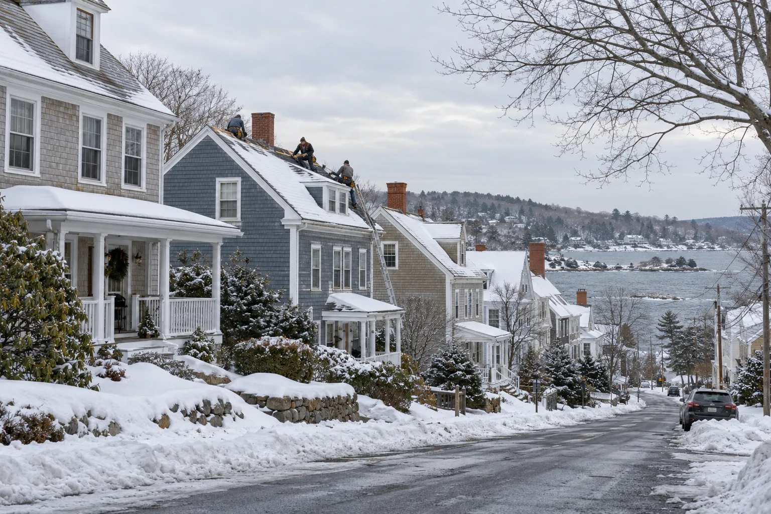 Snow-dusted rooftops of older homes across the Phoenixville area