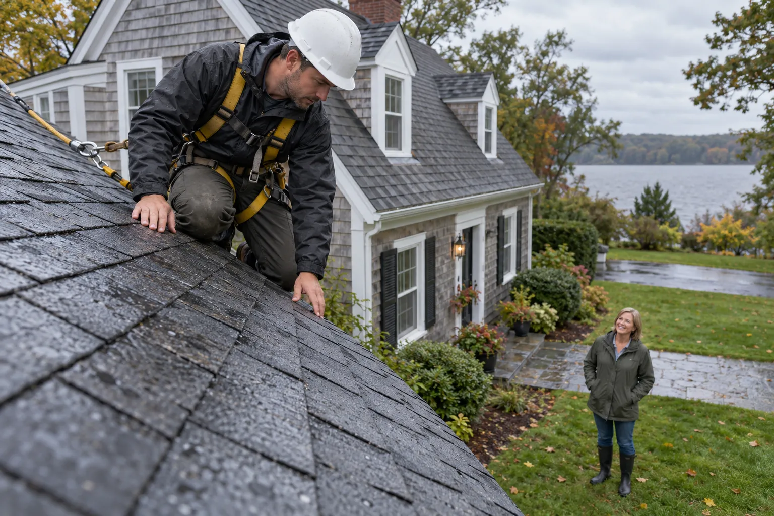 A local roofing contractor in the Phoenixville area checking a home's shingles for hail damage after a storm
